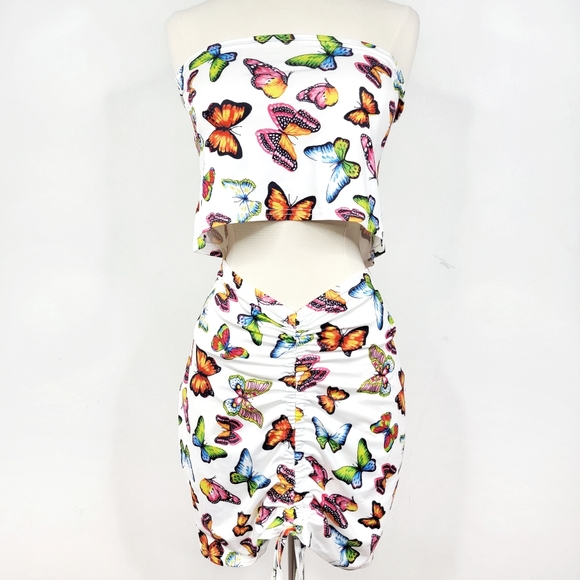 90s Y2K Retro Inspired 2-in-1 White Butterfly Stretchy Top and Skirt - Picture 3 of 7